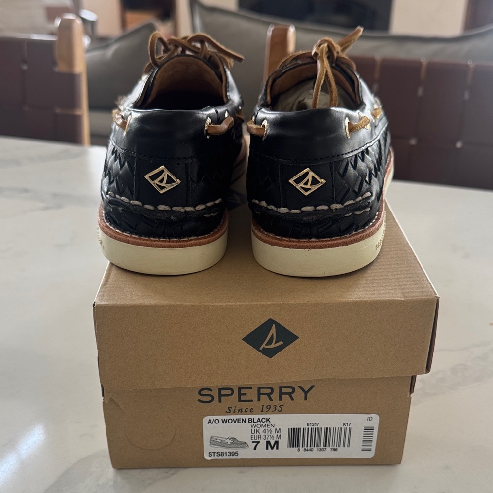 Sperry Black Woven Leather Boat Shoes with Tan Laces - Picture 2 of 4